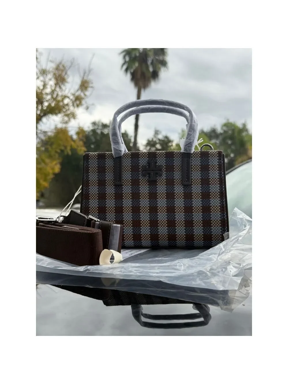 Tory Burch Blake Plaid Mini Tote 176878 Blue Multi Woven Nylon $400